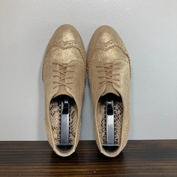Gianni Bini Gold Metallic Leather Wood Bottom Oxford Shoes Womens Size 7 - Picture 5 of 8